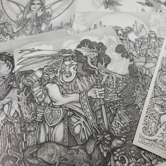 VTG Dan Thompson Fine Arts Advanced Adult Coloring Pages 7 Fantasy Dragon Fairy - Picture 2 of 9